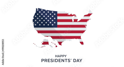 Illustration of a stylized American map with the USA flag pattern, celebrating Happy Presidents' Day on a white background with patriotic colors and a bold typography.