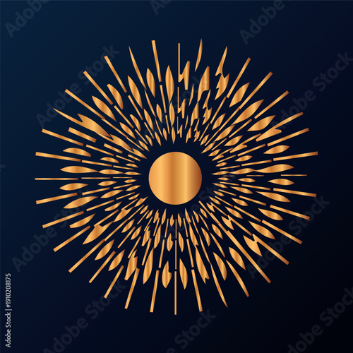 Abstract Golden Radial Burst with Metallic Center on Dark Background – Luxury Geometric Sunburst Pattern, Modern Energy Circle Decorative Design