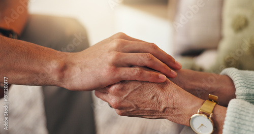 Quadro em tela Therapist, patient and holding hands in clinic with empathy, consultation and compassion for grief