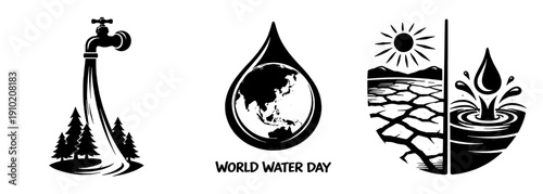 世界水の日をテーマにした水資源保全と環境問題のモノクロイラストセット、World Water Day Monochrome Illustration Set on Water Conservation and Environmental Issues