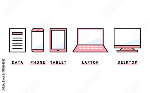 紙とスマホとタブレットとノートPCとデスクトップで表現した業務データ管理の全体像のイラスト