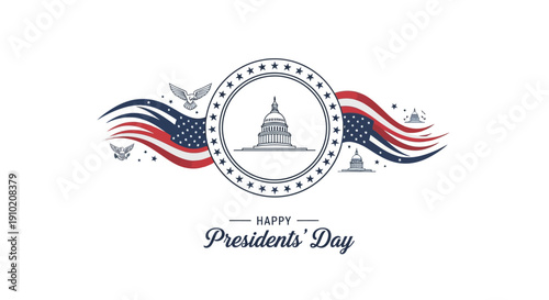Illustration of a patriotic design for Presidents' Day featuring the US Capitol, American flag waves, and birds on a white background with a circular emblem and stars.