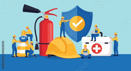 Illustration of construction workers with safety equipment. Includes a fire extinguisher, hard hat, first aid kit, and shield with a check mark, emphasizing safety.