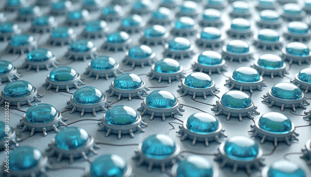 Obraz premium Abstract blue glowing circular nodes connected by thin lines forming a digital network grid pattern on a light gray