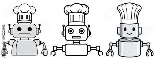 A trio of charming chef robots, depicted in black and white line art with subtle gray shading, showcasing various expressions and designs.
