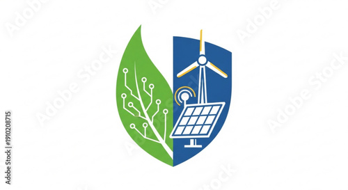 Eco friendly technology shield with green leaf and renewable energy sources for sustainable living