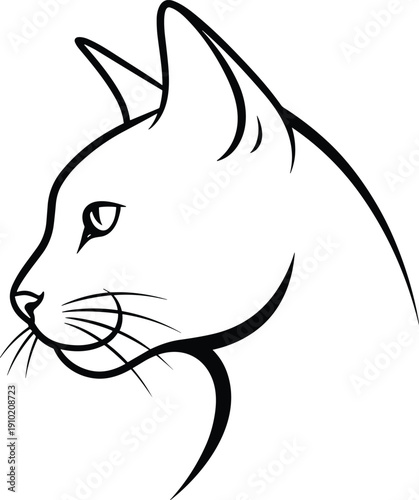 Black and white minimalist line of a cat's profile head with detailed whiskers and sharp ears conveying a sense of alertness and sophistication