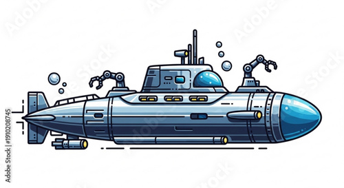 Detailed illustration of a futuristic submarine with robotic arms and bubbles on a white background conveying innovation and underwater exploration