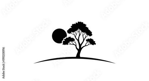 Black and white silhouette of a tree with a sun or moon in the background.