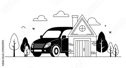 Car and house illustration representing property ownership.