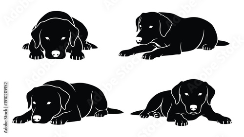 Four black dogs lying down in a row, each in a different position. isolated on white background, Vector