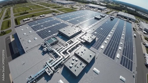 Sustainable industrial building with solar panels on its roof