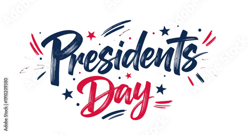 Presidents Day celebration typography with stars and red white blue colors.