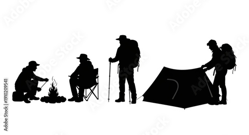 Silhouettes of people camping, setting up a tent, and enjoying a campfire in nature.