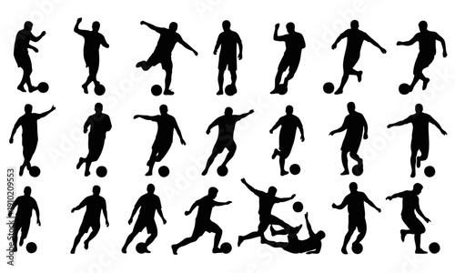 Set of Soccer Player Silhouettes with Dribbling and Tackling Action Poses