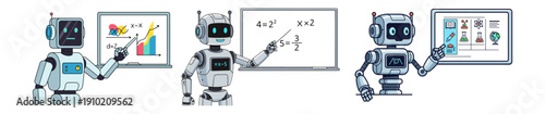 A collection of three cartoon robots presenting information on whiteboards, illustrating concepts of data analysis, mathematics, and digital technology.