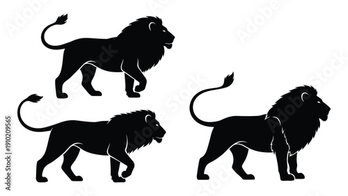 Three majestic lions in silhouette, showcasing their powerful and regal presence. isolated on white background, Vector