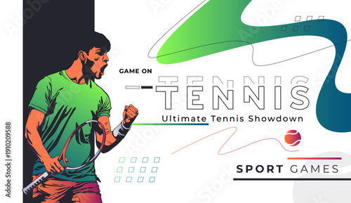 Professional tennis player celebrating victory with racket. Tennis player victory pose on modern white background. Ultimate tennis showdown for sports events. Minimalist layout. National Sports Day
