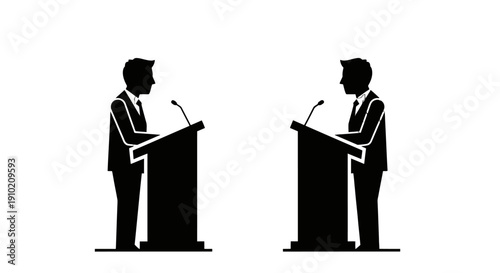 Two men standing at podiums giving a speech or presentation.