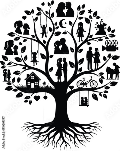 Detailed black silhouette of a vibrant family tree showcasing generations of life moments including romantic couples, children playing, homes, and bicycles against a white backdrop
