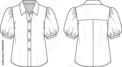 Fashion flat of a white short sleeve collared blouse with puffed sleeves and button front detail front and back views