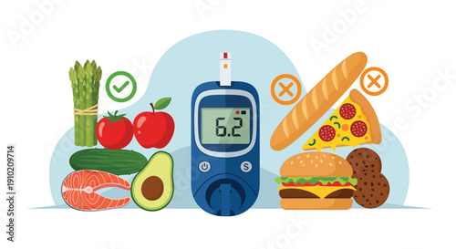 Illustration of healthy and unhealthy foods with a blood glucose meter showing 6.2. Asparagus, tomatoes, and salmon have green check marks; pizza, bread, and a burger have red