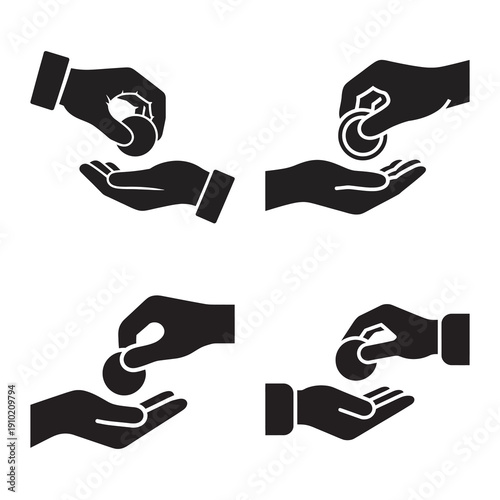 Four icons illustrating hands exchanging coins, symbolizing donation, payment, and financial transactions.