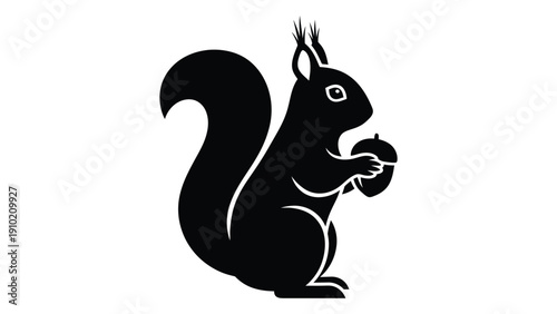A black and white silhouette of a squirrel holding an acorn. isolated on white background, Vector