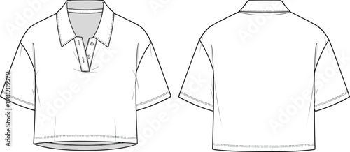 Fashion flat of a women's short-sleeve cropped polo shirt presented from front and back views with detailed stitching and button placket