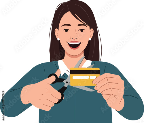 Woman cutting credit card with scissors, symbolizing financial freedom and debt reduction