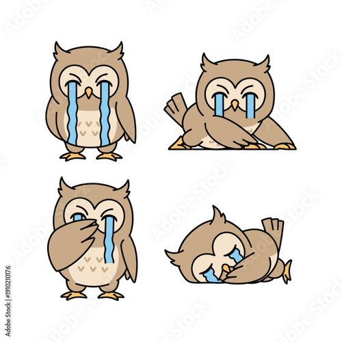 Crying owl cartoon character showing different emotions with tears and copy space