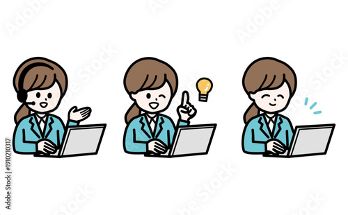 SaaSやクラウドツールの解説をする女性のPC操作3ポーズセット。モダンなIT企業・テック系向け素材。