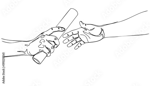 Dynamic Line Art illustration of two hands engaging in a seamless baton pass, symbolizing teamwork, relay racing, and collaborative success