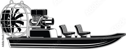 Black and white airboat illustration with propeller engine, side view silhouette of modern swamp boat, minimal vector design isolated on white background