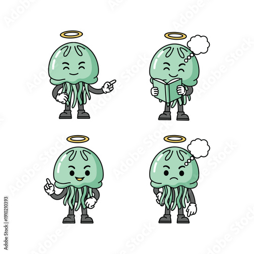 Cartoon money characters showing different emotions with halo and copy space