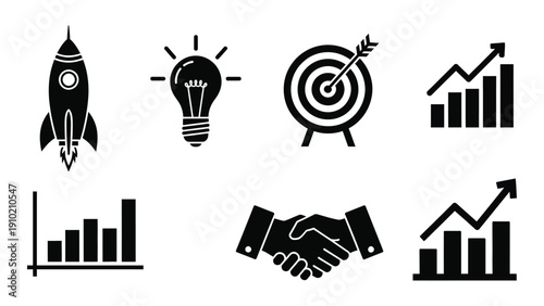 Icons representing business growth, innovation, and success strategies. isolated on white background, Vector