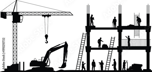 Black and white silhouette illustration of construction site with crane, excavator and workers building multi storey structure, industrial development and engineering concept