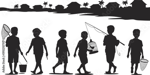 Black and white silhouette illustration of rural children walking with fishing nets and bird cage near village river, traditional childhood lifestyle concept