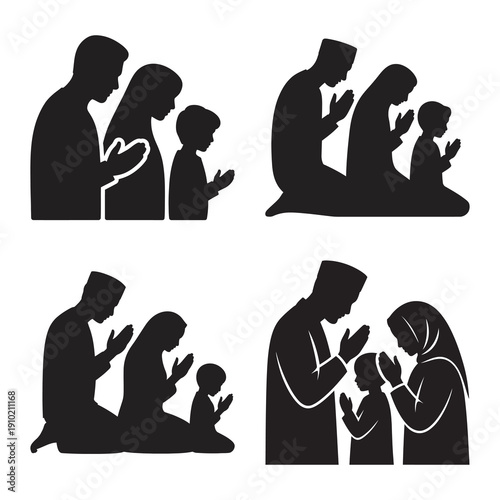 Silhouettes of a muslim family praying together in various positions, depicting different stages of islamic worship.