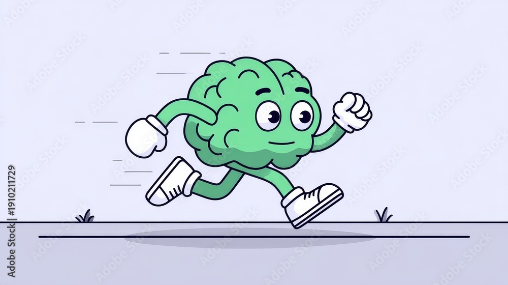 Obraz premium Cartoon brain character running energetically outdoors symbolizes mental fitness, motivation, and healthy lifestyle for wellness campaigns or educational materials