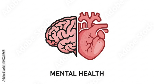 Mental health illustration featuring brain and heart anatomy on white background emphasizing mind body connection and wellness concept