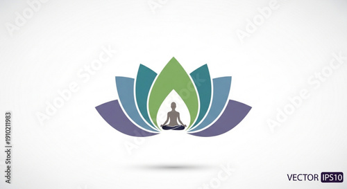 Meditating person silhouette inside stylized lotus flower with gradient petals on white background representing serenity and mindfulness