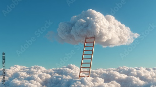 Ladder ascending from cloud into larger cloud in blue sky symbolizes ambition, aspiration, and imaginative journeys beyond limits