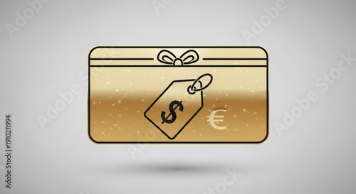 Golden gift card with dollar and euro symbols tied with a ribbon on a gray background representing finance and shopping