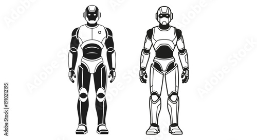 A pair of stylized humanoid robots in black and white, depicting advanced artificial intelligence and futuristic technology designs.