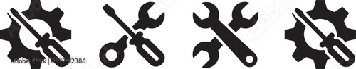 Four black silhouettes of tools with gears on white background