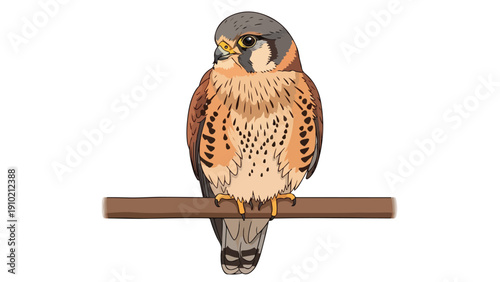 A close-up portrait of a kestrel perched on a wooden rod against a clean white background with warm, earthy tones.