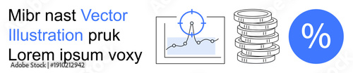 Financial planning, data analysis, investment strategies, business growth, target hitting, profit margins. Graph, coin stacks and percentage symbol. Financial analysis and investment strategies