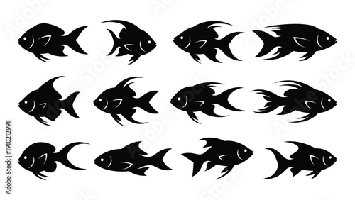 A variety of different fish silhouettes arranged in a grid pattern isolated on white background, Vector