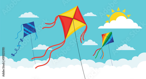 Three colorful kites soar in a bright blue sky with fluffy clouds and a shining sun. The scene conveys joy and a sense of freedom.